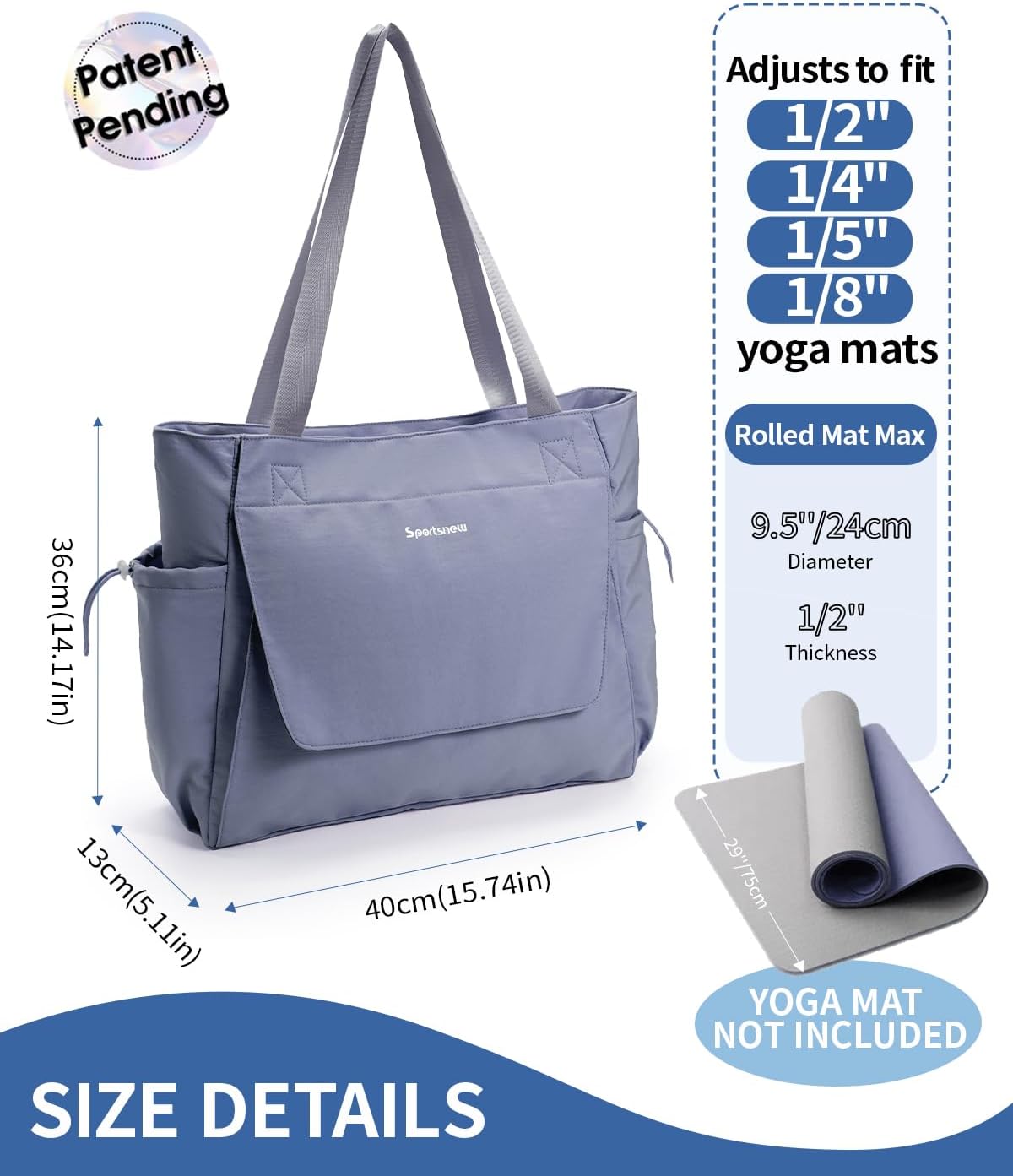 Yoga Mat Bag Waterproof Tote Gym Bag Mat Carrier W/Wet Pocket | hook-and-loop mat holder 5s quick access, 40oz handled bottle pocket, wet bag, lightweight waterproof, drawstring pockets,19L