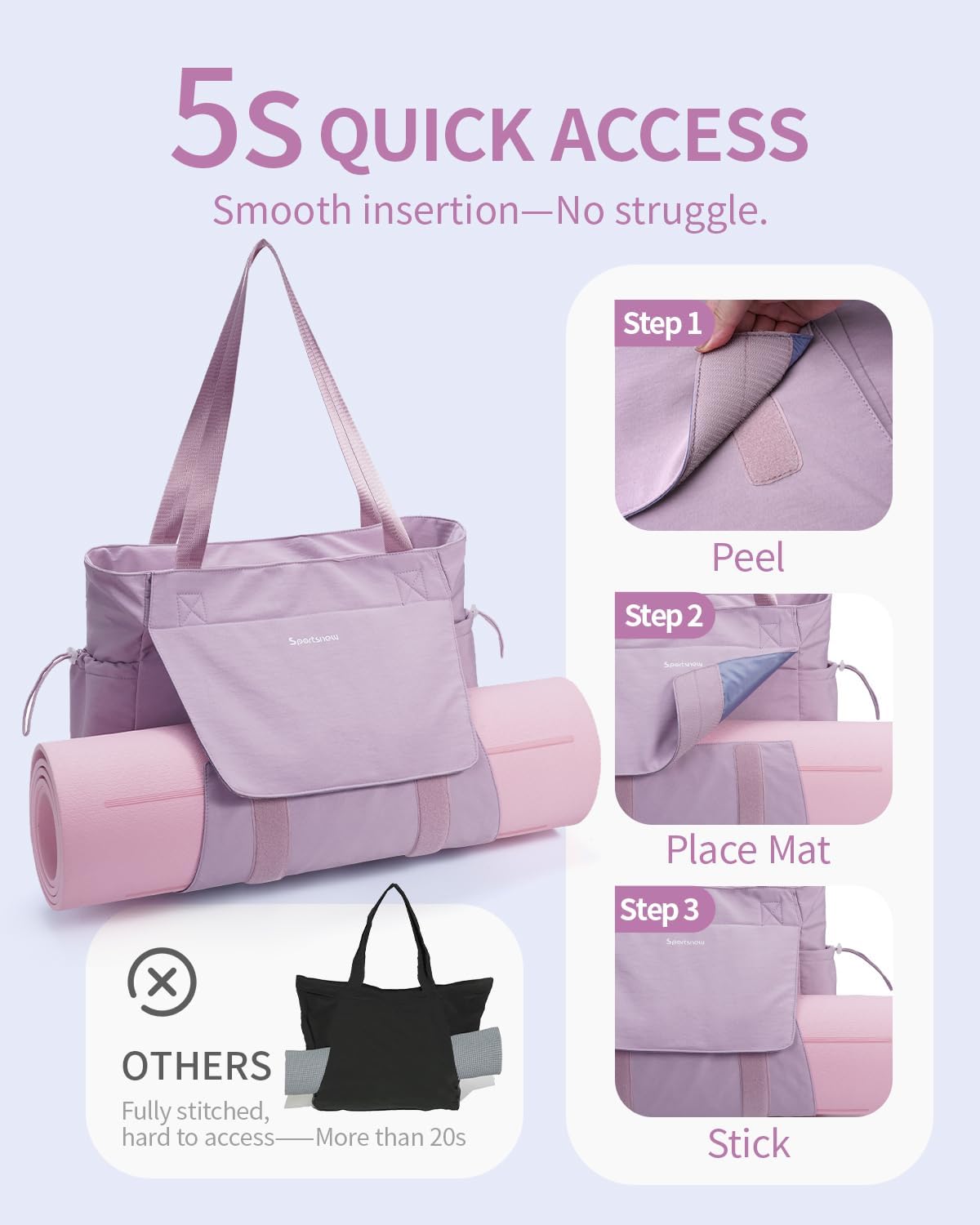 Yoga Mat Bag Waterproof Tote Gym Bag Mat Carrier W/Wet Pocket | hook-and-loop mat holder 5s quick access, 40oz handled bottle pocket, wet bag, lightweight waterproof, drawstring pockets,19L