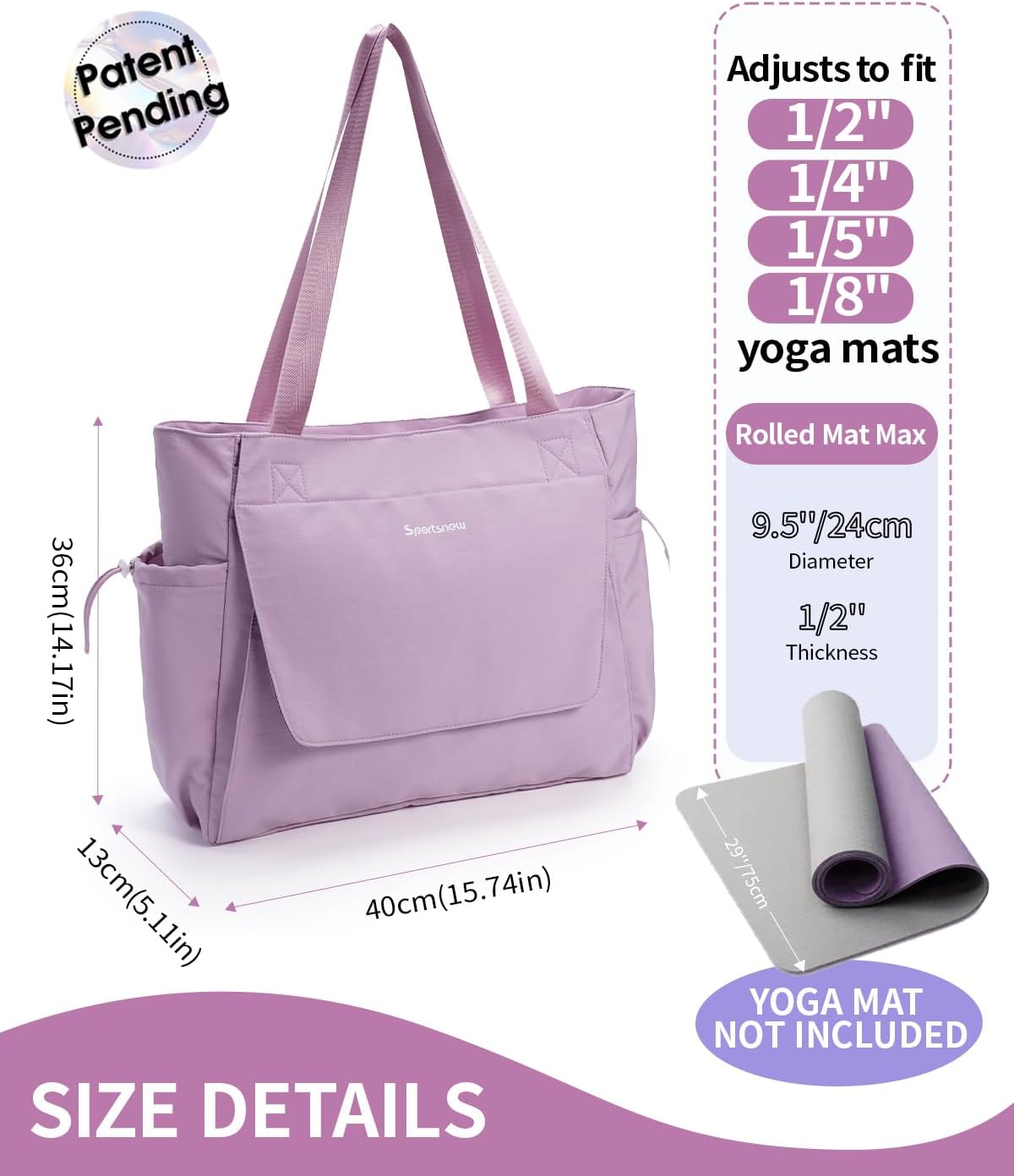 Yoga Mat Bag Waterproof Tote Gym Bag Mat Carrier W/Wet Pocket | hook-and-loop mat holder 5s quick access, 40oz handled bottle pocket, wet bag, lightweight waterproof, drawstring pockets,19L