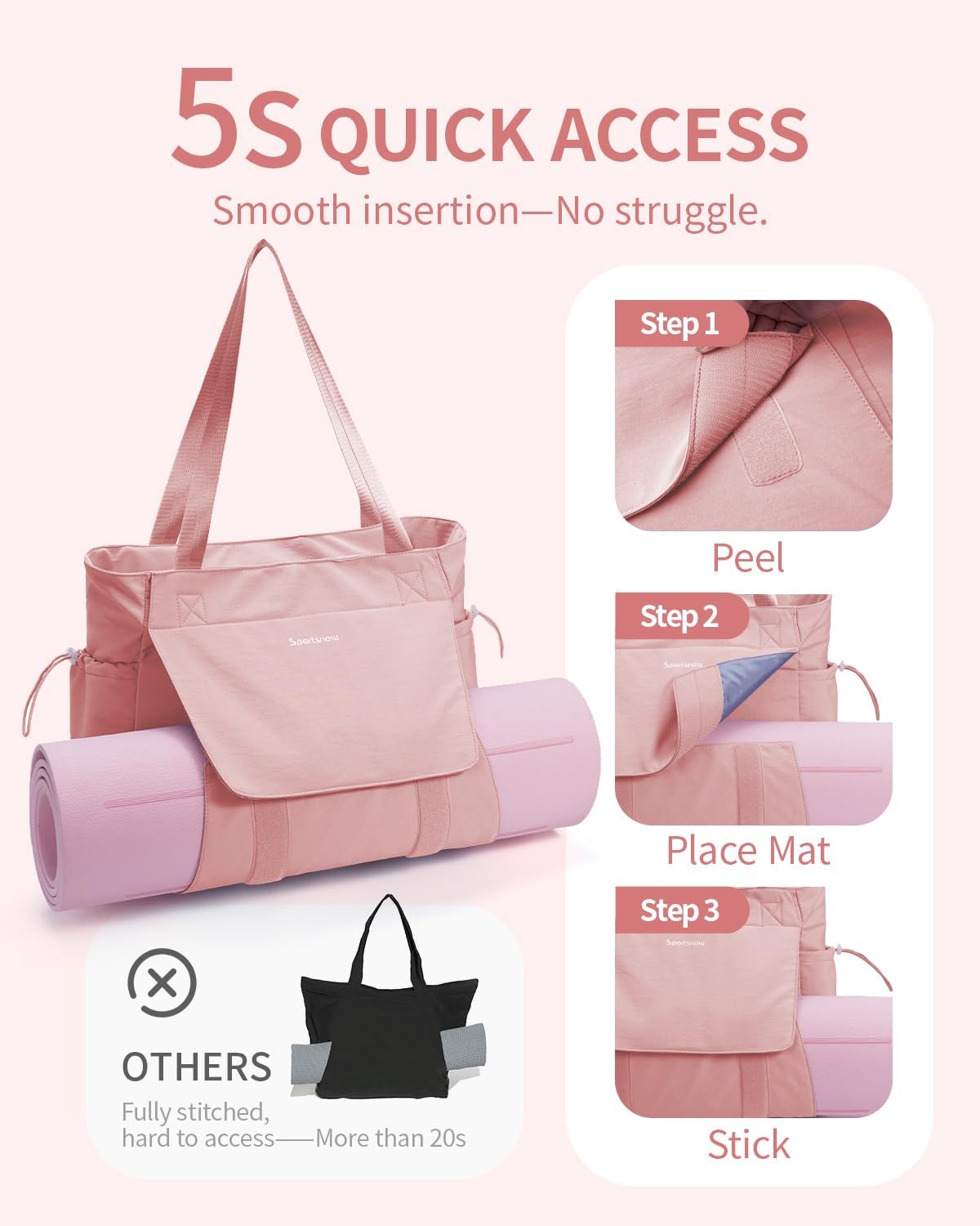Yoga Mat Bag Waterproof Tote Gym Bag Mat Carrier W/Wet Pocket | hook-and-loop mat holder 5s quick access, 40oz handled bottle pocket, wet bag, lightweight waterproof, drawstring pockets,19L