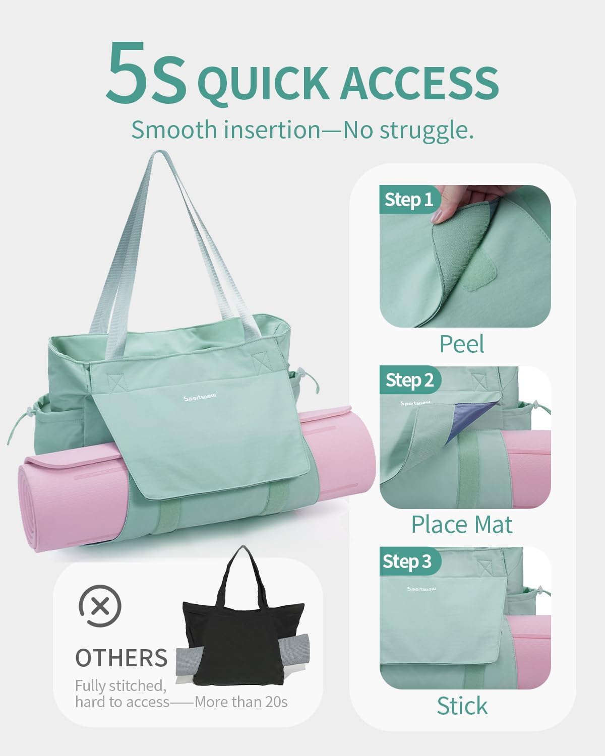Yoga Mat Bag Waterproof Tote Gym Bag Mat Carrier W/Wet Pocket | hook-and-loop mat holder 5s quick access, 40oz handled bottle pocket, wet bag, lightweight waterproof, drawstring pockets,19L