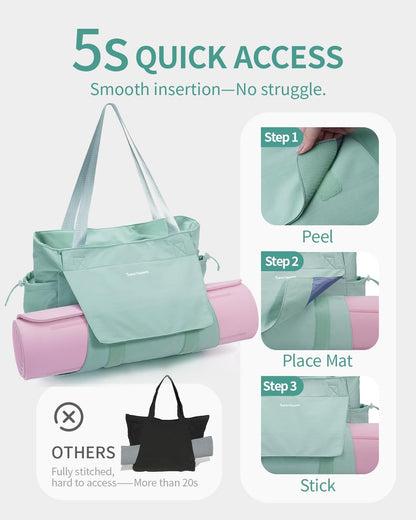 Yoga Mat Bag Waterproof Tote Gym Bag Mat Carrier W/Wet Pocket | hook-and-loop mat holder 5s quick access, 40oz handled bottle pocket, wet bag, lightweight waterproof, drawstring pockets,19L