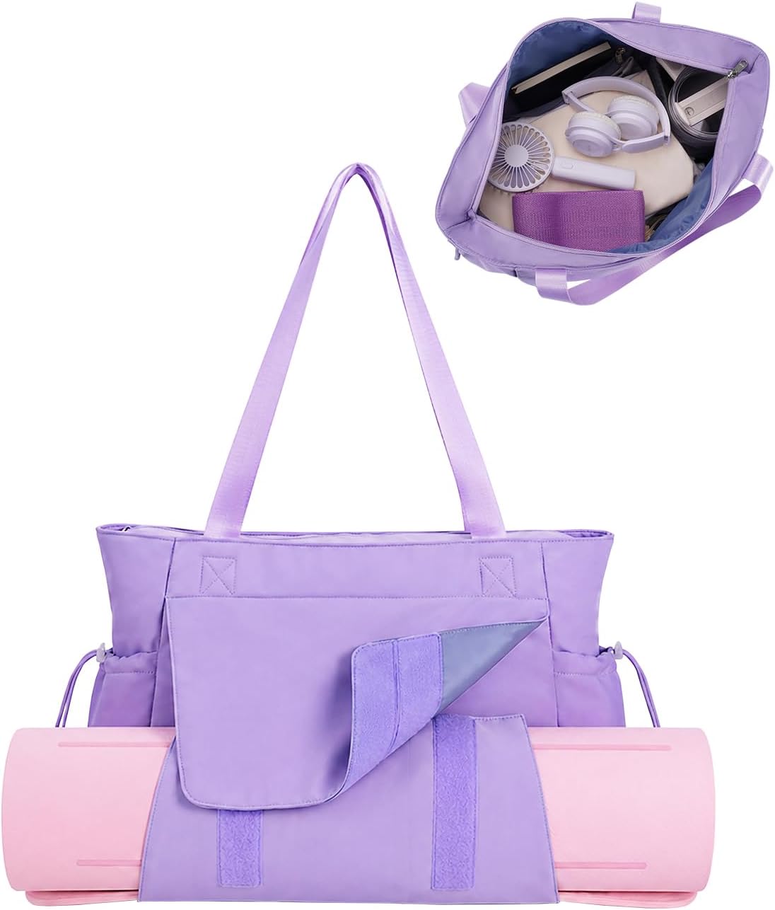 Yoga Mat Bag Waterproof Tote Gym Bag Mat Carrier W/Wet Pocket | hook-and-loop mat holder 5s quick access, 40oz handled bottle pocket, wet bag, lightweight waterproof, drawstring pockets,19L