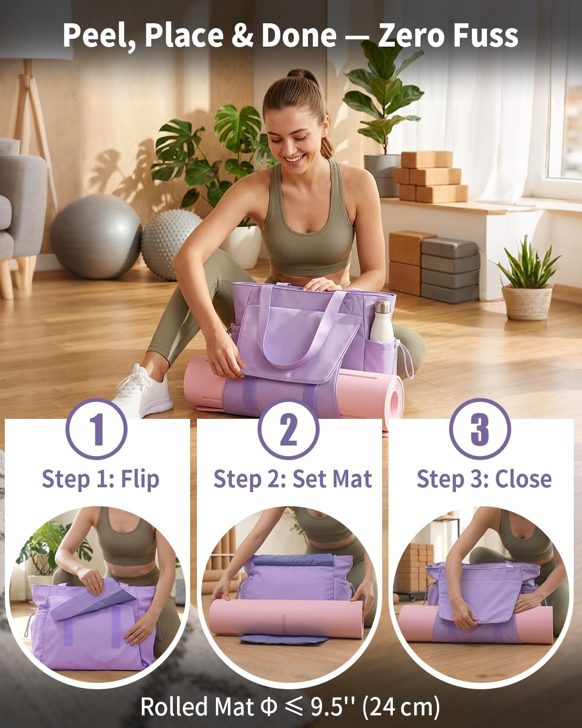 Yoga Mat Bag Waterproof Tote Gym Bag Mat Carrier W/Wet Pocket | hook-and-loop mat holder 5s quick access, 40oz handled bottle pocket, wet bag, lightweight waterproof, drawstring pockets,19L