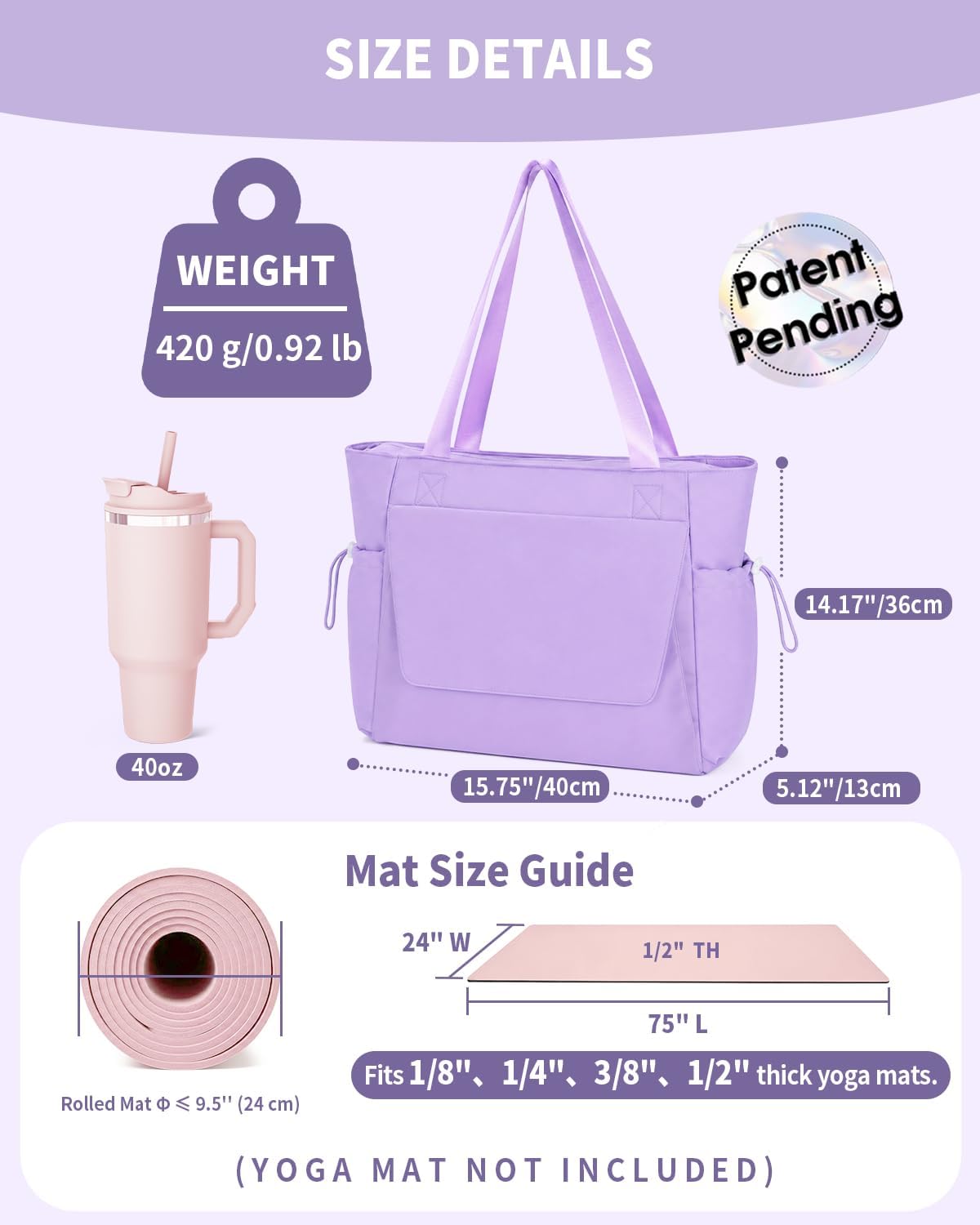Yoga Mat Bag Waterproof Tote Gym Bag Mat Carrier W/Wet Pocket | hook-and-loop mat holder 5s quick access, 40oz handled bottle pocket, wet bag, lightweight waterproof, drawstring pockets,19L