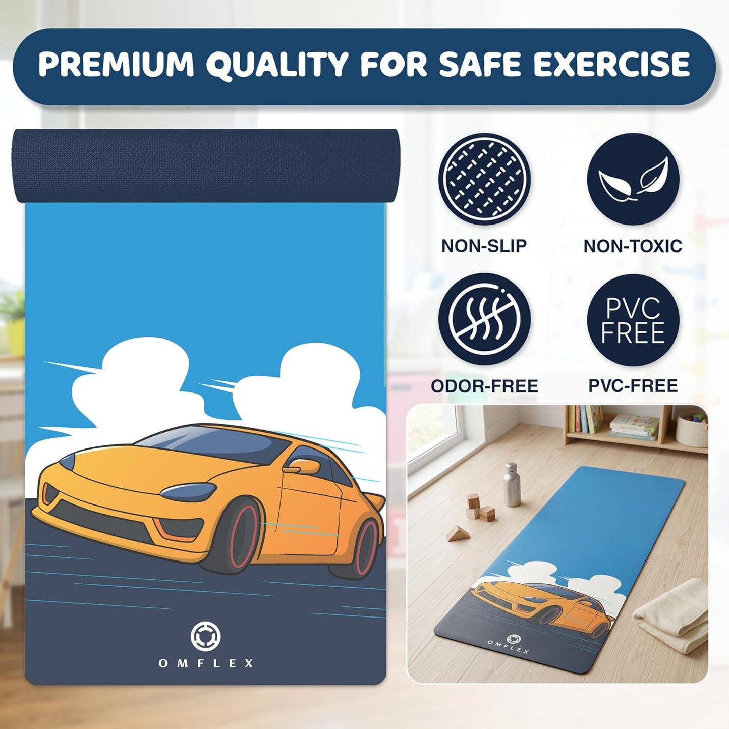 Kids Yoga Mat with Carrying Strap – 60"x24" Non-Slip Premium Exercise Mat for Kids, 3mm Thick Non-Toxic, PVC-Free Play Mat for Children, Dolphin, Car & Supergirl Designs