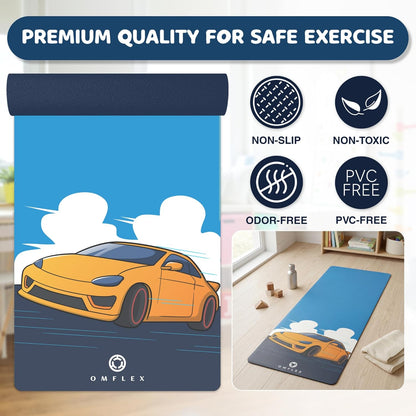 Kids Yoga Mat with Carrying Strap – 60"x24" Non-Slip Premium Exercise Mat for Kids, 3mm Thick Non-Toxic, PVC-Free Play Mat for Children, Dolphin, Car & Supergirl Designs