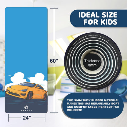 Kids Yoga Mat with Carrying Strap – 60"x24" Non-Slip Premium Exercise Mat for Kids, 3mm Thick Non-Toxic, PVC-Free Play Mat for Children, Dolphin, Car & Supergirl Designs