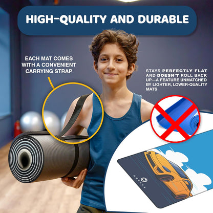 Kids Yoga Mat with Carrying Strap – 60"x24" Non-Slip Premium Exercise Mat for Kids, 3mm Thick Non-Toxic, PVC-Free Play Mat for Children, Dolphin, Car & Supergirl Designs