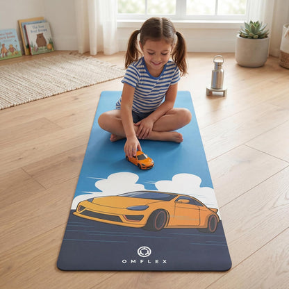 Kids Yoga Mat with Carrying Strap – 60"x24" Non-Slip Premium Exercise Mat for Kids, 3mm Thick Non-Toxic, PVC-Free Play Mat for Children, Dolphin, Car & Supergirl Designs