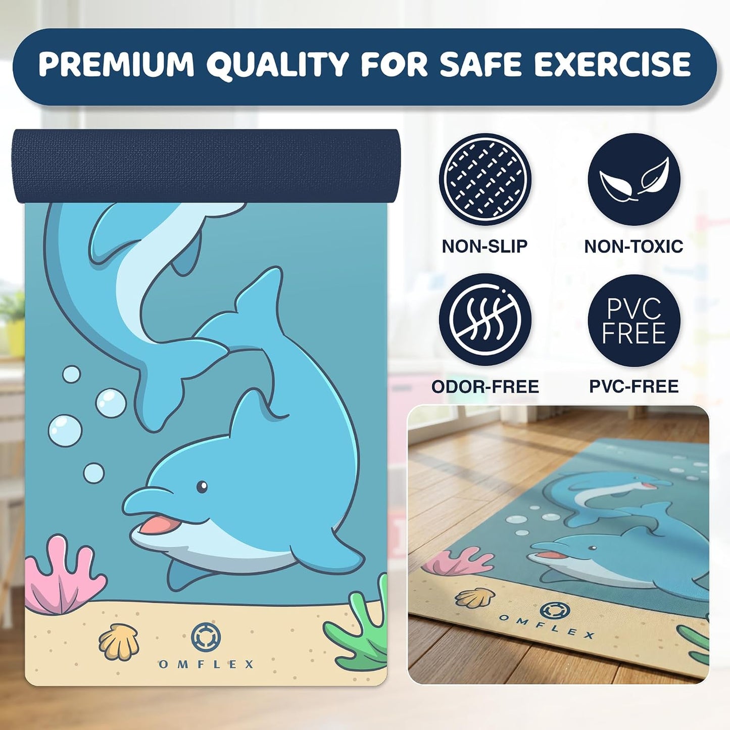 Kids Yoga Mat with Carrying Strap – 60"x24" Non-Slip Premium Exercise Mat for Kids, 3mm Thick Non-Toxic, PVC-Free Play Mat for Children, Dolphin, Car & Supergirl Designs