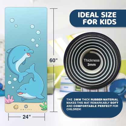 Kids Yoga Mat with Carrying Strap – 60"x24" Non-Slip Premium Exercise Mat for Kids, 3mm Thick Non-Toxic, PVC-Free Play Mat for Children, Dolphin, Car & Supergirl Designs