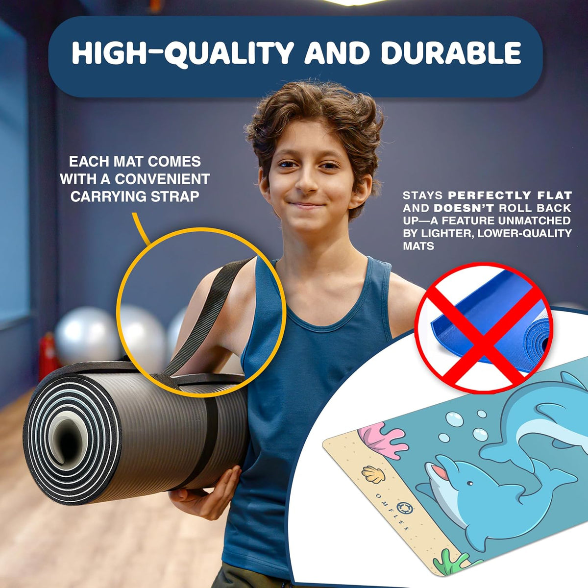 Kids Yoga Mat with Carrying Strap – 60"x24" Non-Slip Premium Exercise Mat for Kids, 3mm Thick Non-Toxic, PVC-Free Play Mat for Children, Dolphin, Car & Supergirl Designs