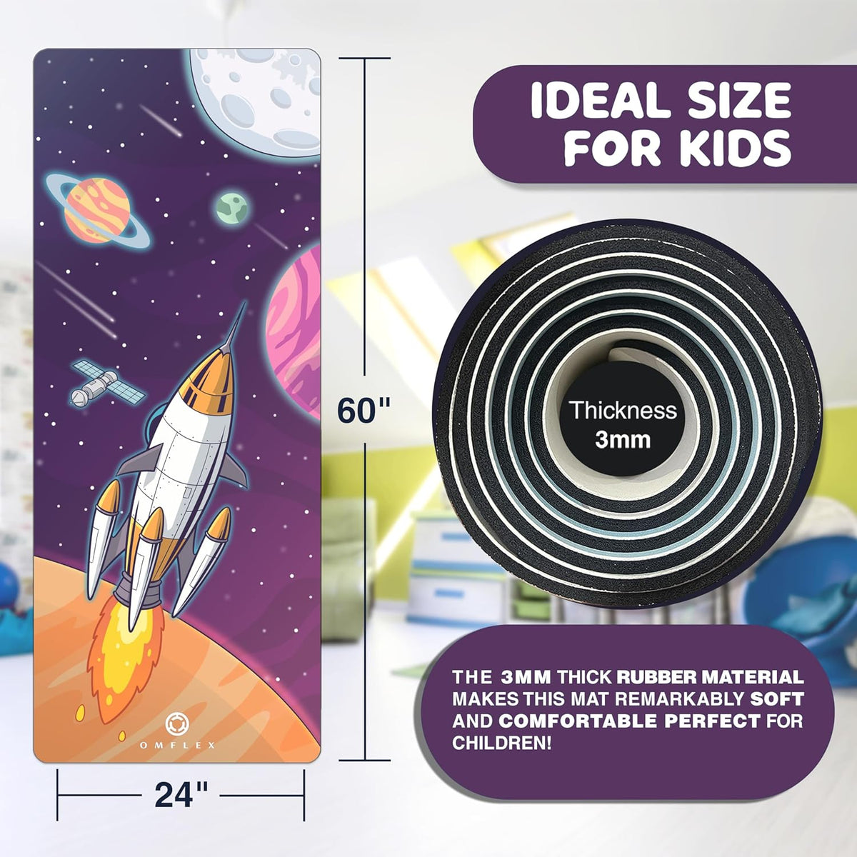 Kids Yoga Mat with Carrying Strap – 60"x24" Non-Slip Premium Exercise Mat for Kids, 3mm Thick Non-Toxic, PVC-Free Play Mat for Children, Dolphin, Car & Supergirl Designs