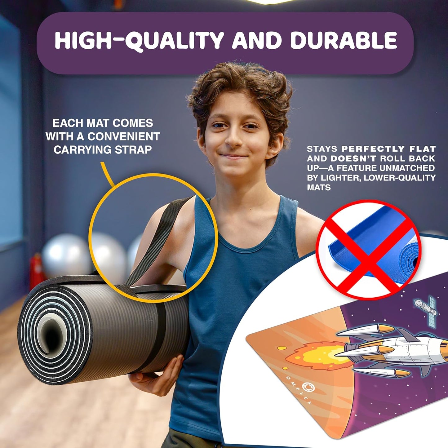 Kids Yoga Mat with Carrying Strap – 60"x24" Non-Slip Premium Exercise Mat for Kids, 3mm Thick Non-Toxic, PVC-Free Play Mat for Children, Dolphin, Car & Supergirl Designs