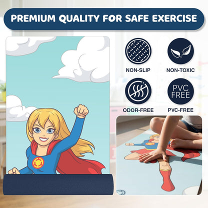 Kids Yoga Mat with Carrying Strap – 60"x24" Non-Slip Premium Exercise Mat for Kids, 3mm Thick Non-Toxic, PVC-Free Play Mat for Children, Dolphin, Car & Supergirl Designs