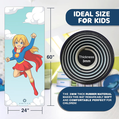 Kids Yoga Mat with Carrying Strap – 60"x24" Non-Slip Premium Exercise Mat for Kids, 3mm Thick Non-Toxic, PVC-Free Play Mat for Children, Dolphin, Car & Supergirl Designs