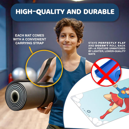 Kids Yoga Mat with Carrying Strap – 60"x24" Non-Slip Premium Exercise Mat for Kids, 3mm Thick Non-Toxic, PVC-Free Play Mat for Children, Dolphin, Car & Supergirl Designs