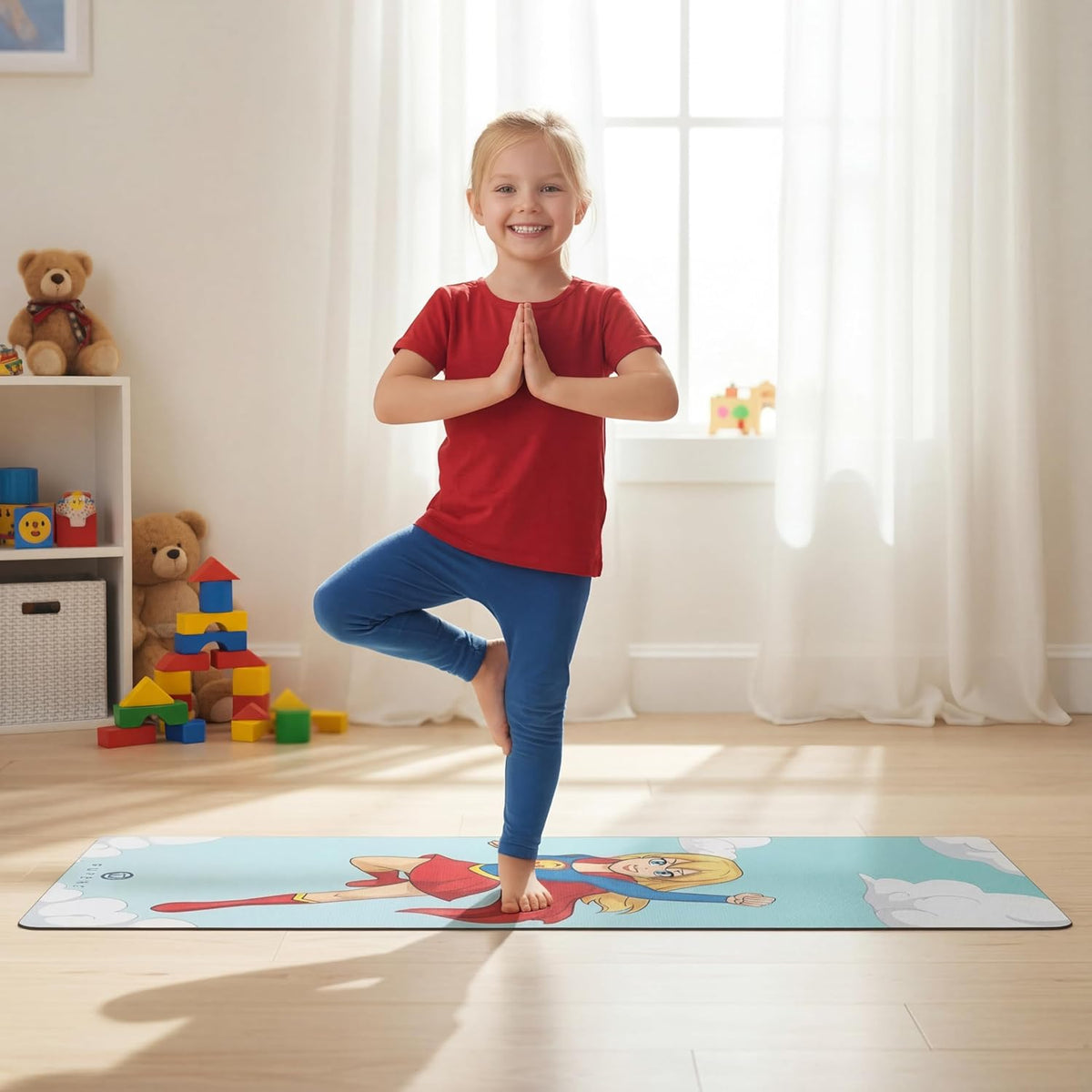 Kids Yoga Mat with Carrying Strap – 60"x24" Non-Slip Premium Exercise Mat for Kids, 3mm Thick Non-Toxic, PVC-Free Play Mat for Children, Dolphin, Car & Supergirl Designs