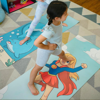 Kids Yoga Mat with Carrying Strap – 60"x24" Non-Slip Premium Exercise Mat for Kids, 3mm Thick Non-Toxic, PVC-Free Play Mat for Children, Dolphin, Car & Supergirl Designs