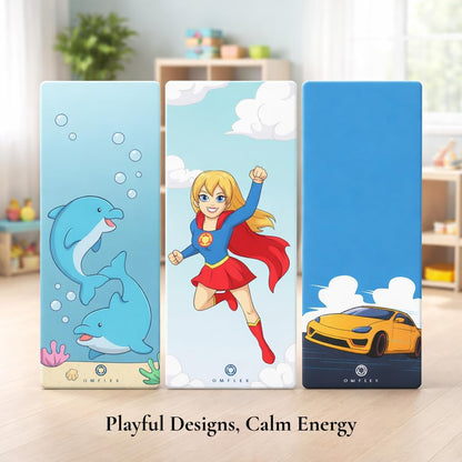 Kids Yoga Mat with Carrying Strap – 60"x24" Non-Slip Premium Exercise Mat for Kids, 3mm Thick Non-Toxic, PVC-Free Play Mat for Children, Dolphin, Car & Supergirl Designs