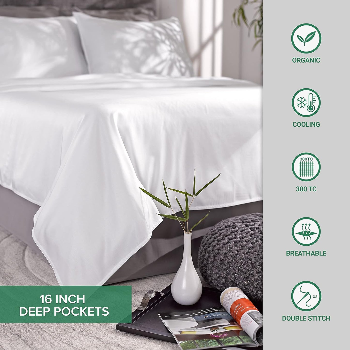 King Pillowcases - Genuine 100% Organic Viscose Derived from Bamboo, Luxuriously Soft & Cooling, Double Stitching, Envelope Closure (2 King Pillowcases, White)