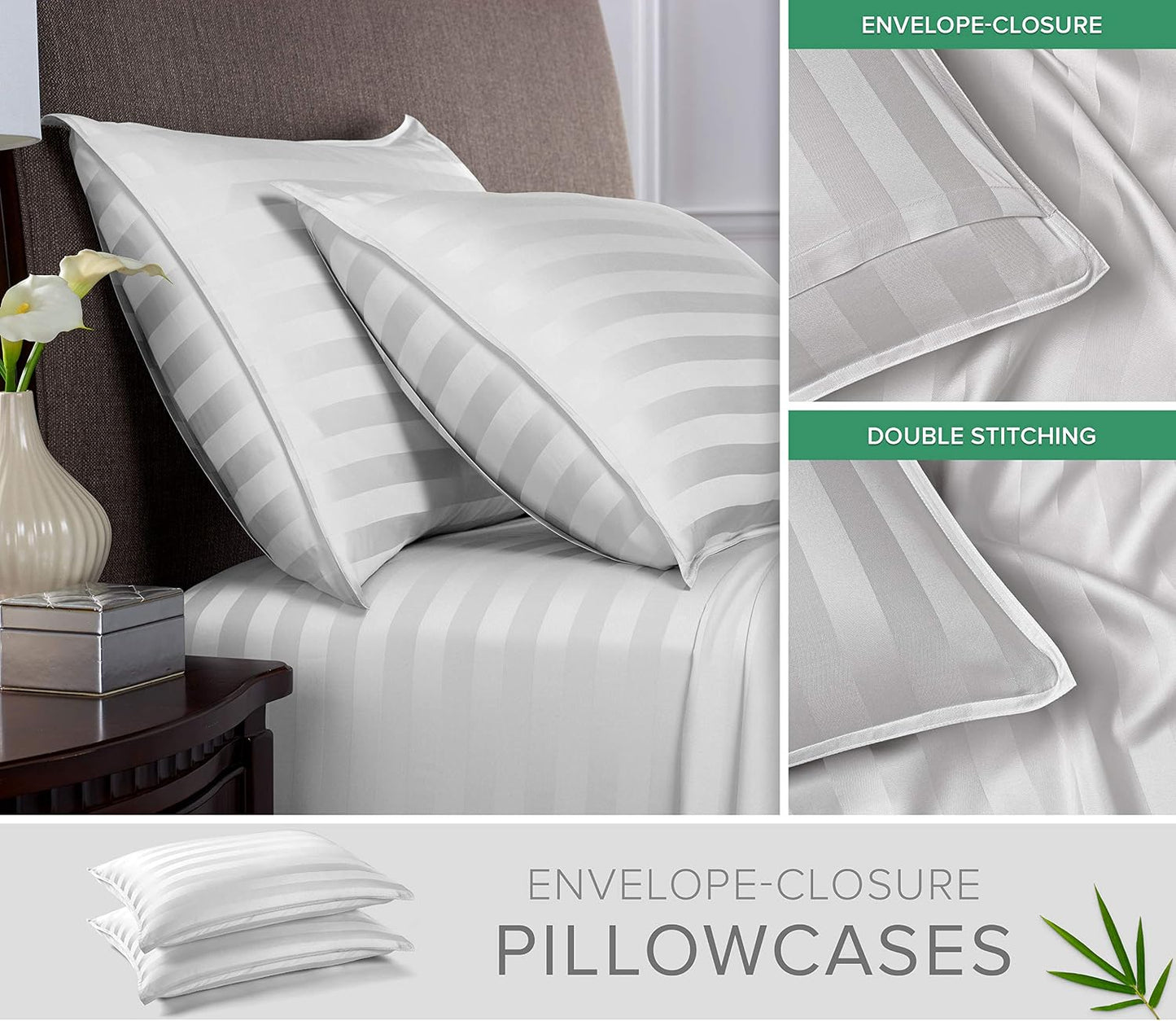 King Pillowcases - Genuine 100% Organic Viscose Derived from Bamboo, Luxuriously Soft & Cooling, Double Stitching, Envelope Closure (2 King Pillowcases, White)