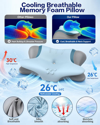 Cervical Neck Pillow for Pain Relief - Ergonomic Side Sleeper Pillow for Sleeping, Cooling Memory Foam Pillows for Neck Support, Orthopedic Pillow Contour Bed Pillow for Back Sleepers