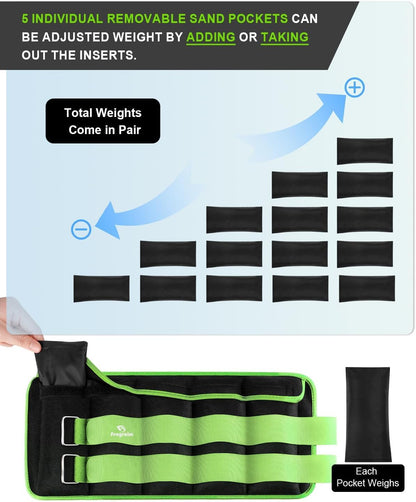 Adjustable Ankle Weights 1-3/4/5/6/8/10/12/15/20 LBS Pair with Removable Weight for Jogging, Gymnastics, Aerobics, Physical Therapy