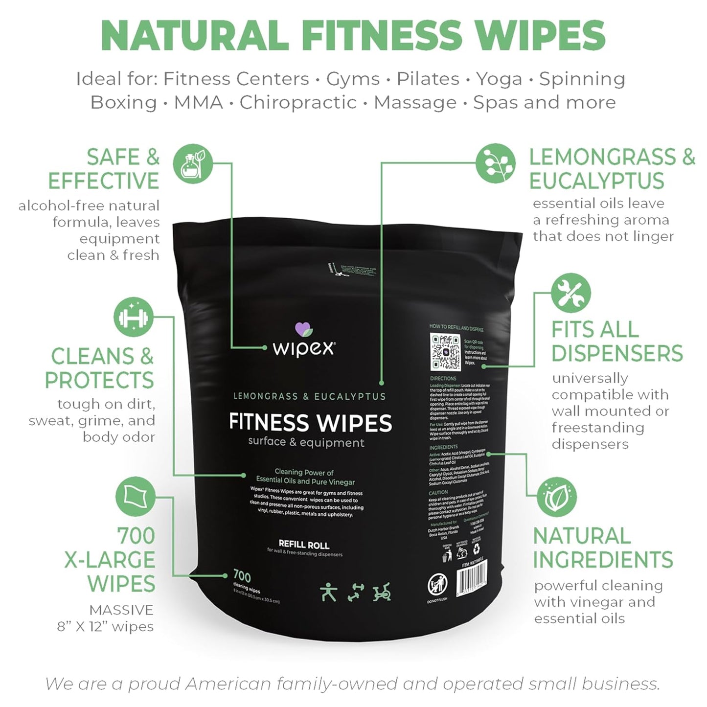 Gym Wipes for Equipment Cleaning - 700 Large 8"x12" Natural Fitness Wipes Refills for Dispensers - Made with Lemongrass, Eucalyptus Oil & Vinegar, Bulk Surface Multipurpose (1 Pack)