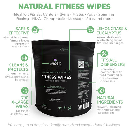 Gym Wipes for Equipment Cleaning - 700 Large 8"x12" Natural Fitness Wipes Refills for Dispensers - Made with Lemongrass, Eucalyptus Oil & Vinegar, Bulk Surface Multipurpose (1 Pack)