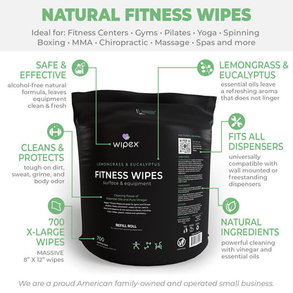 Gym Wipes for Equipment Cleaning - 700 Large 8"x12" Natural Fitness Wipes Refills for Dispensers - Made with Lemongrass, Eucalyptus Oil & Vinegar, Bulk Surface Multipurpose (1 Pack)