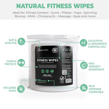 Gym Wipes for Equipment Cleaning - 700 Large 8"x12" Natural Fitness Wipes Refills for Dispensers - Made with Lemongrass, Eucalyptus Oil & Vinegar, Bulk Surface Multipurpose (1 Pack)