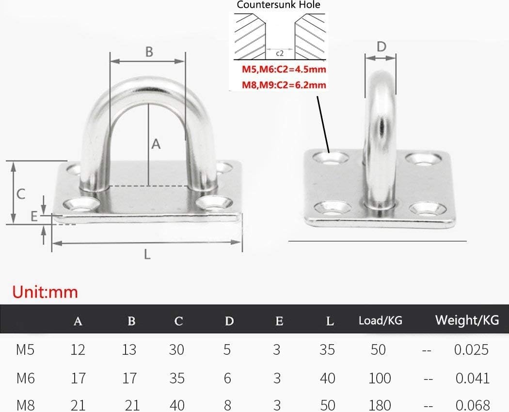 Heavy Duty Pad Eye Plate Staple Ring Hook Loop U-Shaped Sail Shade Hardware - Wall Ceiling Hammock Hooks Hanger for Swing Suspension - Stainless Steel