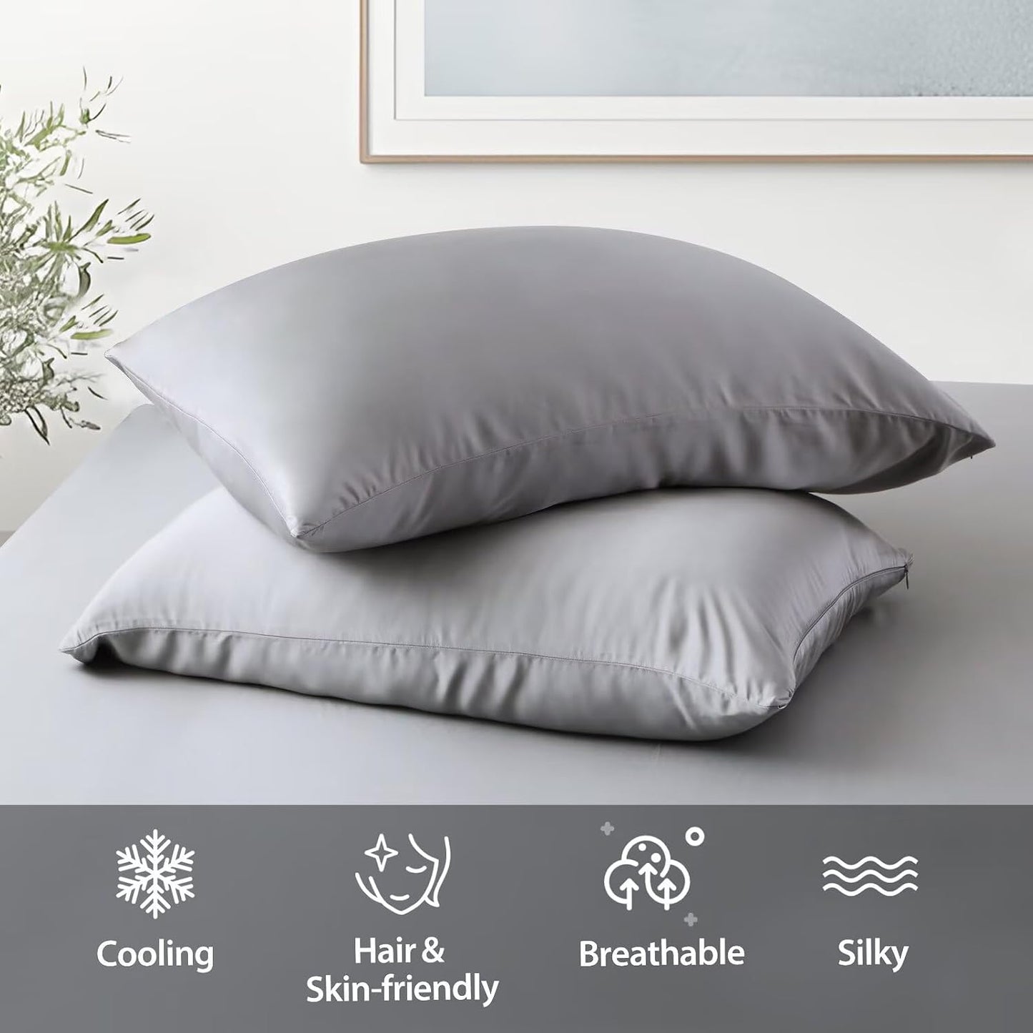 4 Pack Cooling Pillow Cases,Viscose Derived from Bamboo Pillow Protectors Queen Size Set of 4, 400 Thread Count Soft Silky Breathable Summer Pillow Cover with Zipper Hidden (4PCS, Queen,White)