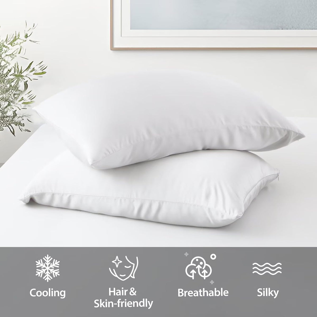 4 Pack Cooling Pillow Cases,Viscose Derived from Bamboo Pillow Protectors Queen Size Set of 4, 400 Thread Count Soft Silky Breathable Summer Pillow Cover with Zipper Hidden (4PCS, Queen,White)
