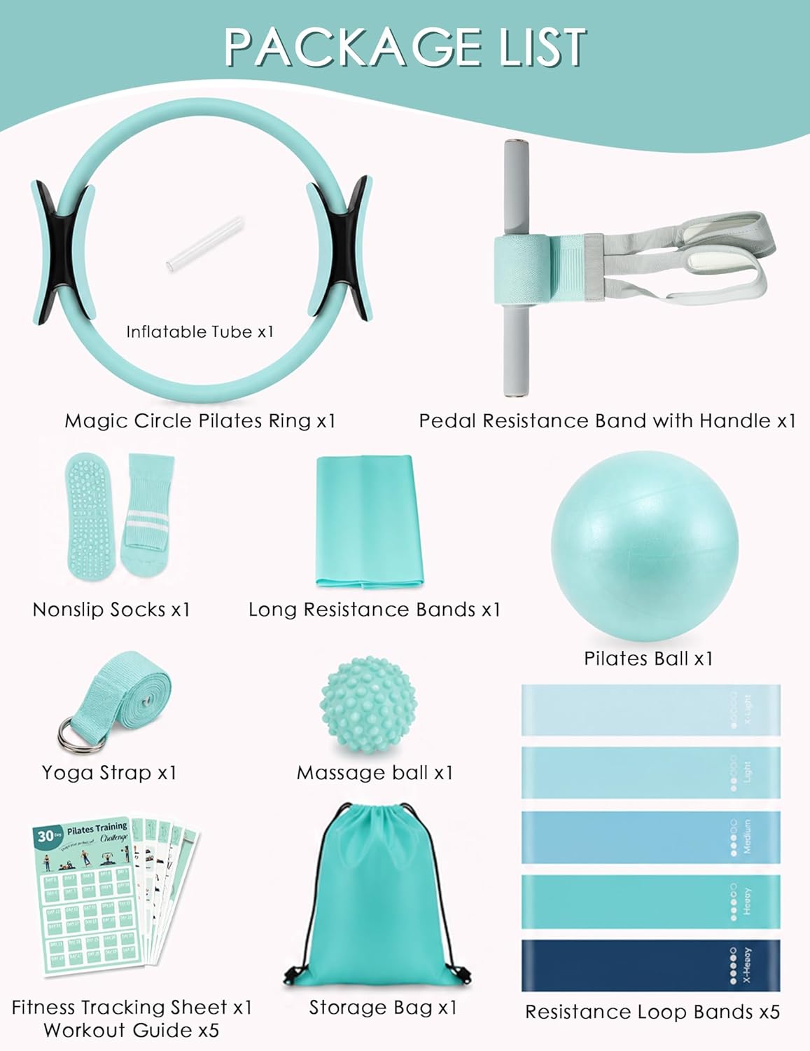 At Home Pilates Kit for Women, Home Workout Pilates Equipment Set with Pilates Ring, Ball, Pedal Resistance Band, Resistance Bands, Yoga Strap, Bag, Pilates Essentials Kit for Starter, Beginners