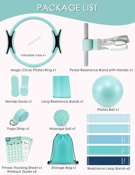 At Home Pilates Kit for Women, Home Workout Pilates Equipment Set with Pilates Ring, Ball, Pedal Resistance Band, Resistance Bands, Yoga Strap, Bag, Pilates Essentials Kit for Starter, Beginners
