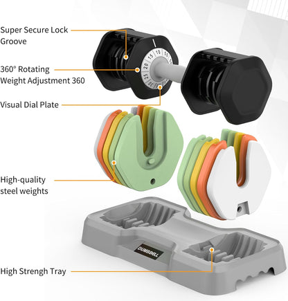 25/55 lbs Pair Adjustable Dumbbells Set, Adjustable Weights Dumbbells Set for Men and Women with Anti-Slip Fast Adjust Weight by Turning Handle Dumbbell with Tray