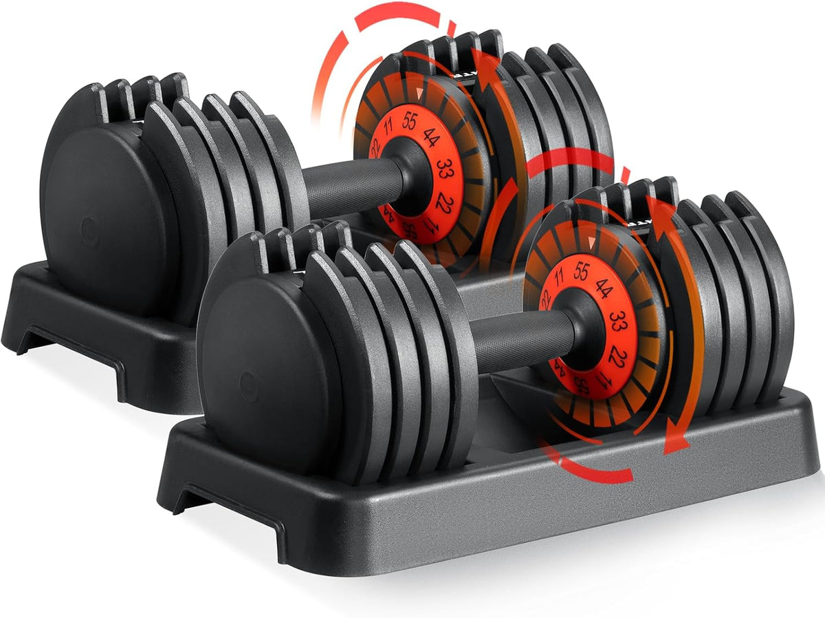 25/55 lbs Pair Adjustable Dumbbells Set, Adjustable Weights Dumbbells Set for Men and Women with Anti-Slip Fast Adjust Weight by Turning Handle Dumbbell with Tray
