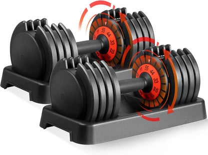 25/55 lbs Pair Adjustable Dumbbells Set, Adjustable Weights Dumbbells Set for Men and Women with Anti-Slip Fast Adjust Weight by Turning Handle Dumbbell with Tray