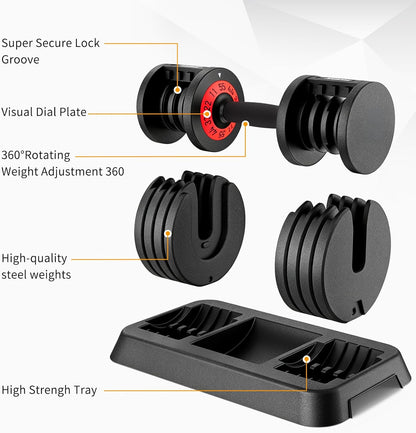 25/55 lbs Pair Adjustable Dumbbells Set, Adjustable Weights Dumbbells Set for Men and Women with Anti-Slip Fast Adjust Weight by Turning Handle Dumbbell with Tray