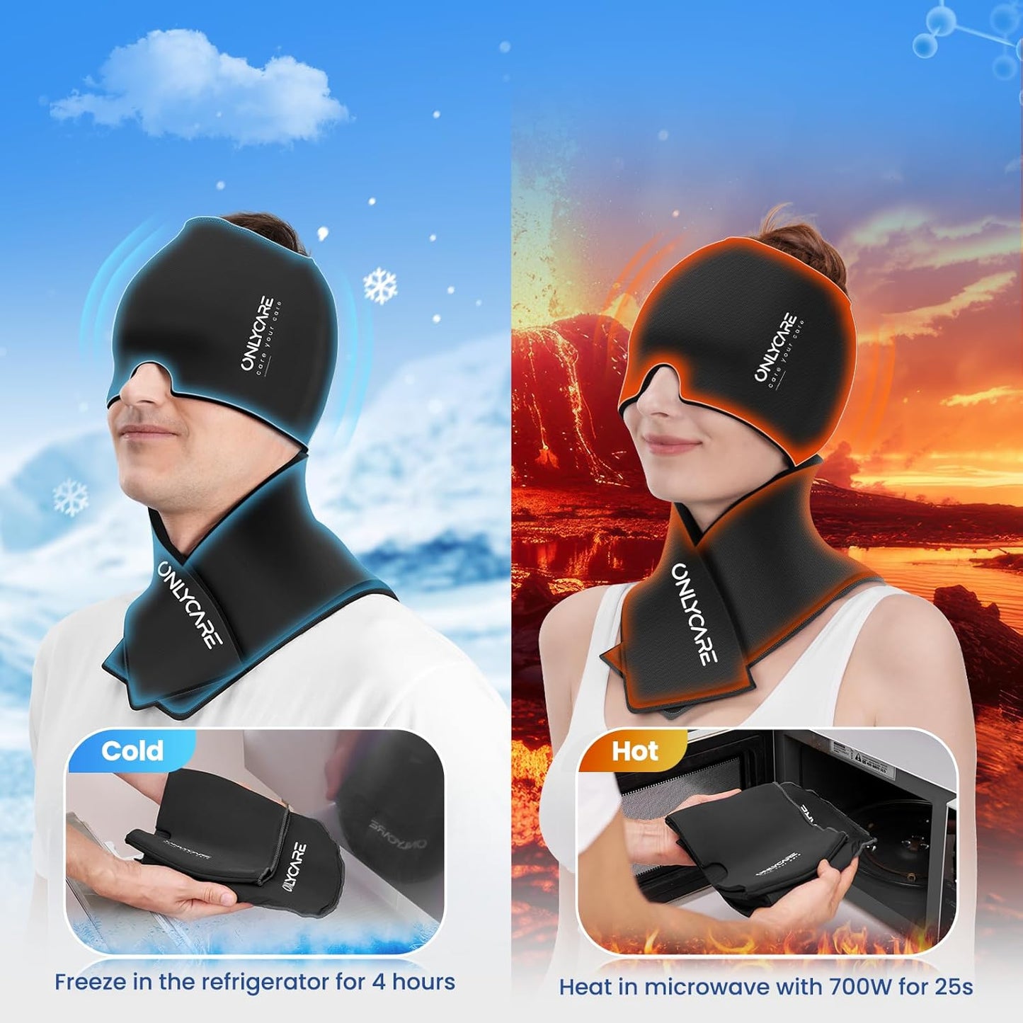 ONLYCARE Migraine Relief Cap, Headache Relief & Neck Ice Pack Wrap Gel Set