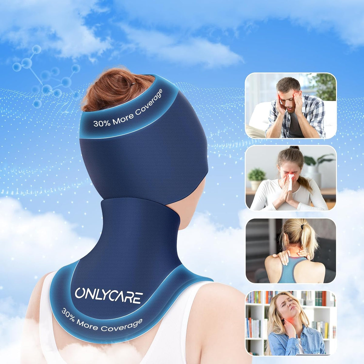ONLYCARE Migraine Relief Cap, Headache Relief & Neck Ice Pack Wrap Gel Set