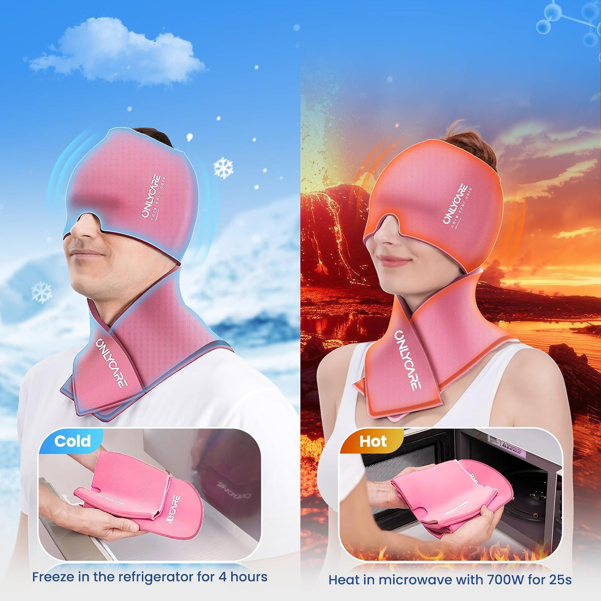 ONLYCARE Migraine Relief Cap, Headache Relief & Neck Ice Pack Wrap Gel Set