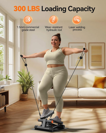 Steppers for Exercise, Stair Stepper with Resistance Bands, Mini Stepper with 300LBS Loading Capacity, Hydraulic Fitness Stepper with LCD Monitor