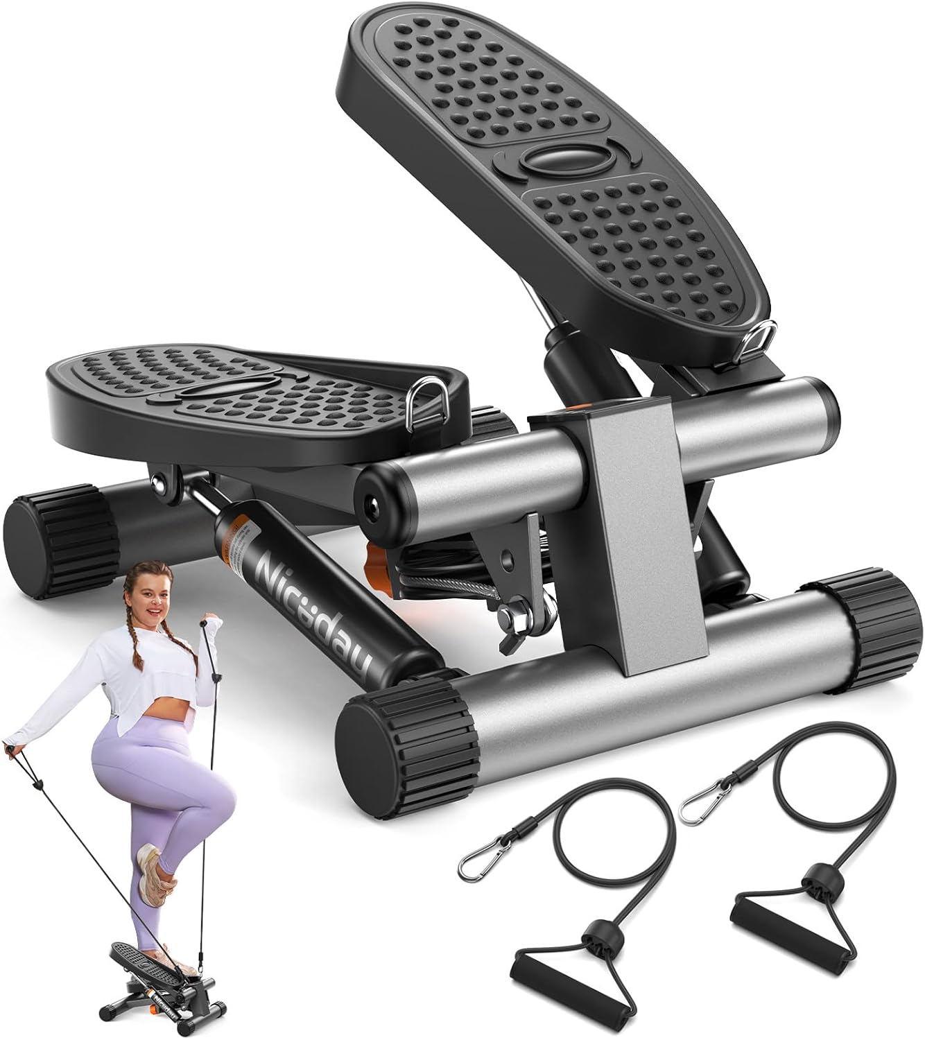 Steppers for Exercise, Stair Stepper with Resistance Bands, Mini Stepper with 300LBS Loading Capacity, Hydraulic Fitness Stepper with LCD Monitor