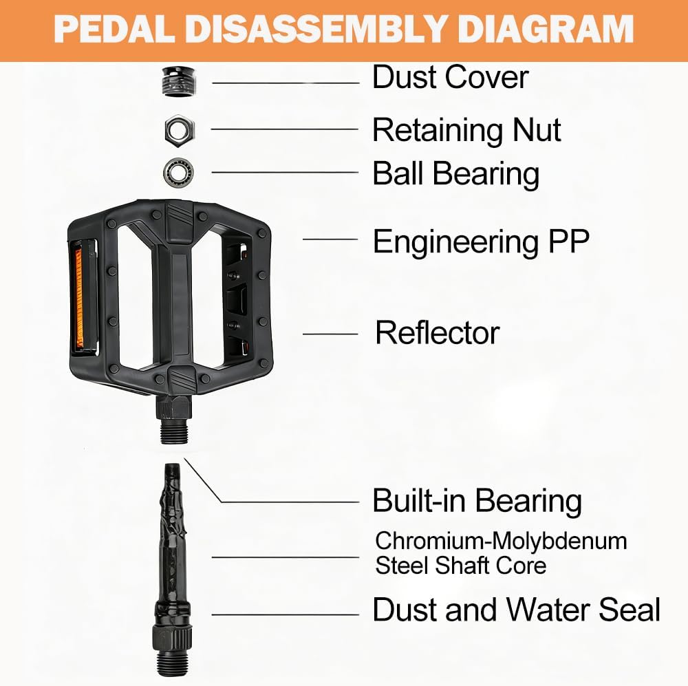 Universal Bike Pedals 9/16" Nylon Lightweight Non-Slip Bicycle Platform Pedals, Easy to Install, Fit Most Adult Mountain Bikes MTB, Durable Design