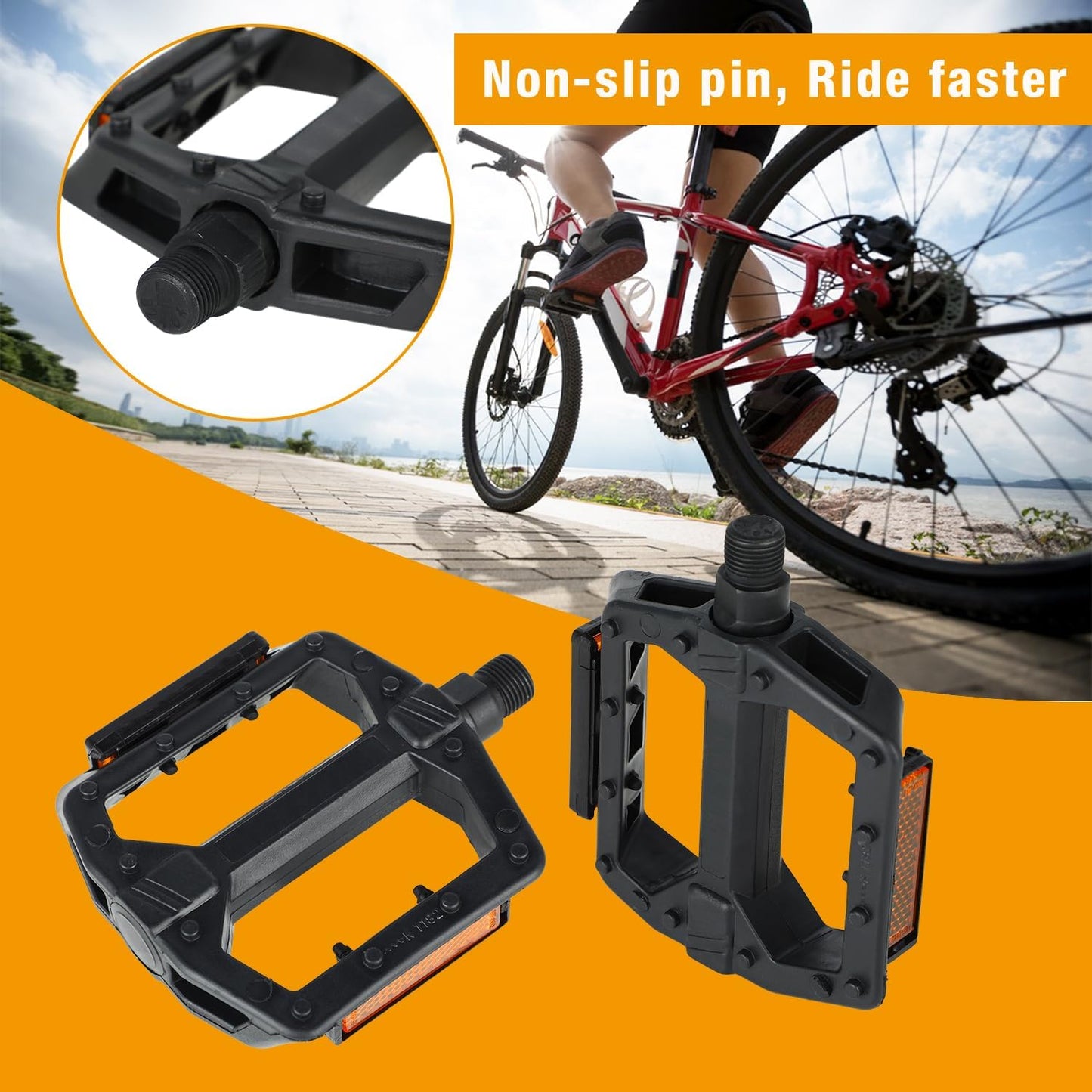 Universal Bike Pedals 9/16" Nylon Lightweight Non-Slip Bicycle Platform Pedals, Easy to Install, Fit Most Adult Mountain Bikes MTB, Durable Design