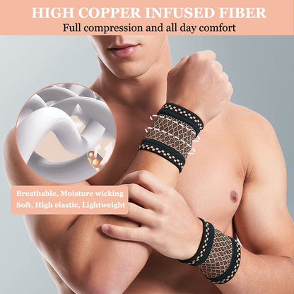 Copper Wrist Compression Brace (2Pcs), Elastic Wrist Support Sleeve Wrist Braces for Tendonitis, Arthritis, Carpal Tunnel Pain Relief, Soft Wrist Wrap Wristbands for Sport, Fitness, Workout, Typing(S)